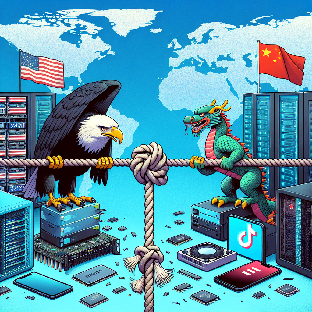 A scene depicting high tech gadgets representing the United States and China engaged in a tug of war. These gadgets should include elements like silicon chips, smartphones, and servers without specific brand logos. The background is a world map showing the continents of North America and Asia. On one side, there should be an Eagle, symbolic of the United States, gripping a gadget tightly with his talons. On the other side, use a Dragon, symbolic of China, coiled around another set of gadgets. Between them, a frayed rope symbolizes heightened tensions, with a silhouette of the TikTok logo in the middle.