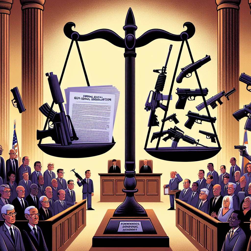 An illustration representing the ongoing efforts to combat gun violence through legislation. The scene depicts a symbolic scale, with one side holding a document titled 'Federal Gun Control Legislation', and the other side holding numerous firearms. The scale balances perfectly, symbolizing the ongoing controversy and efforts to find balance between the right to bear arms and the need for public safety. The backdrop is a courtroom setting indicating the legal aspect of the issue. In the background, a diverse group of individuals, reflecting different genders and descents, engaged in a heated debate or discussion, reflecting the wide range of perspectives on the matter.