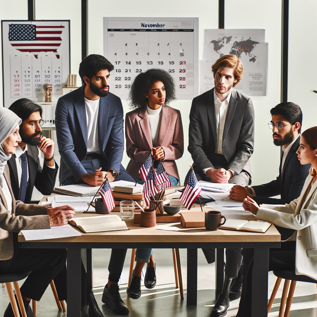 Depict a representative, diverse group of six individuals in discussion around a table in the middle of a clean, brightly lit, contemporary office. The people are of varied descents: Caucasian, Hispanic, Black, Middle-Eastern, South Asian, and East Asian. Three are women, three are men. On the table are documents, coffee mugs and small American flags. They look serious and engaged, a sign of an intense discussion. An oversized calendar hangs on the wall, opened to the page of November, indicating the recent 'US Election.' There are books about 'Best Strategies' and 'Voting Law Changes' neatly arranged on the table.