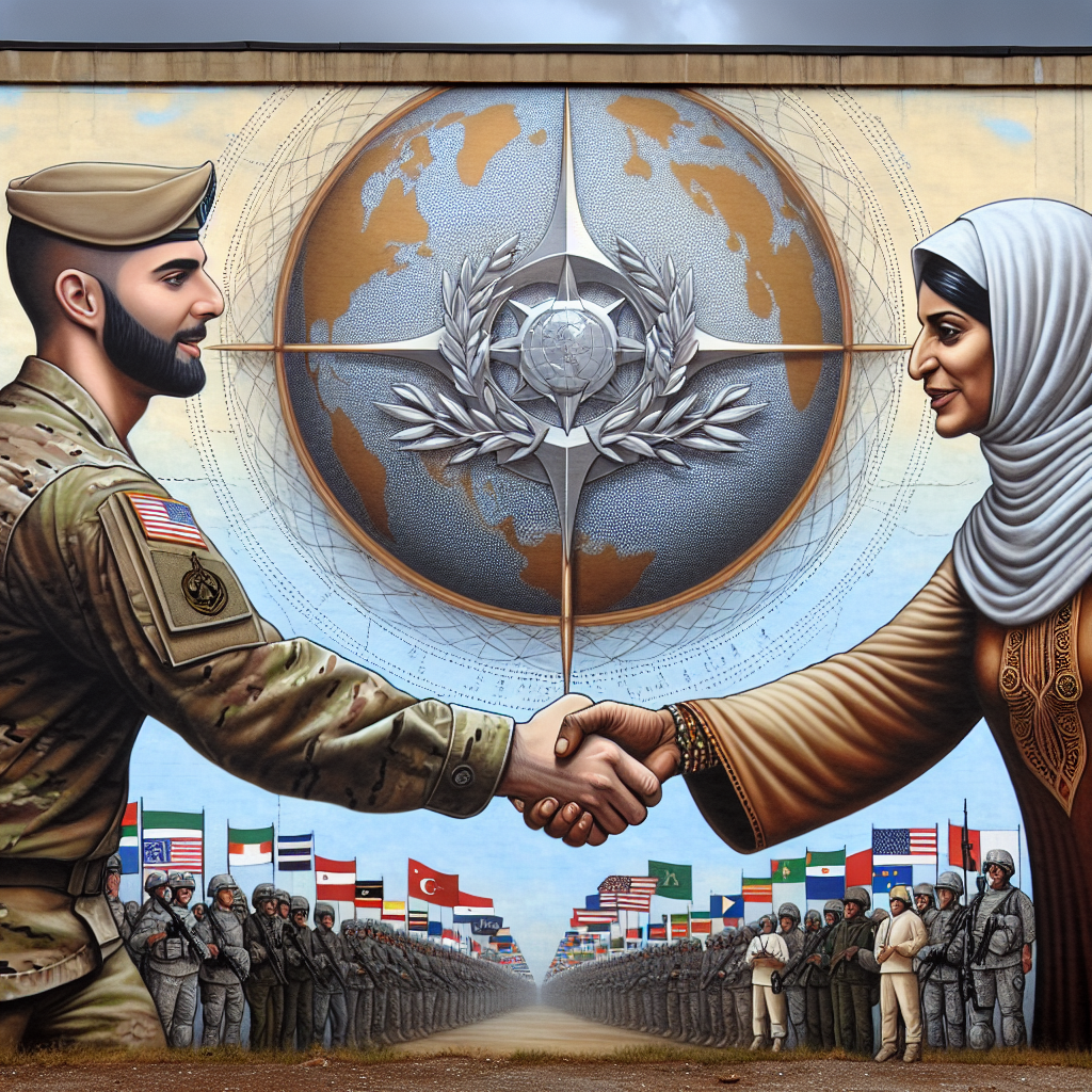 Illustrative visual of the international relations concept, showing a large highly detailed mural stretching across a wide wall. In one segment, a male military officer of Hispanic descent hands over a symbolic icon of support, perhaps a silvery shield or a golden olive branch, to a Middle-Eastern woman, representative of a nation. The background teems with symbols of global communities, perhaps flags, or representative geographic features. The sky overhead is filled with a complex web of dotted lines, signifying international relationships. Maintaining a neutral, respectful, serious tone, the image should encapsulate the complexity and responsibility of global security commitments.