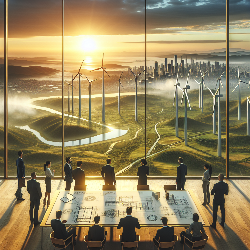The scene portrays a panoramic landscape view at dawn, with the golden sun just peeking over the horizon. In the foreground, we see business professionals of diverse descents and genders, gathered around a large wooden table draped with professionally designed blueprints and 3D models of innovative clean energy installations. They are standing in an open, airy conference room with large glass panels offering a picturesque view of a sprawling green city merged with lush rolling hills. Enormous wind turbines, solar panels, and other renewable energy infrastructures dot the cityscape as symbols of the recent surge in clean energy investment due to new climate change legislation.