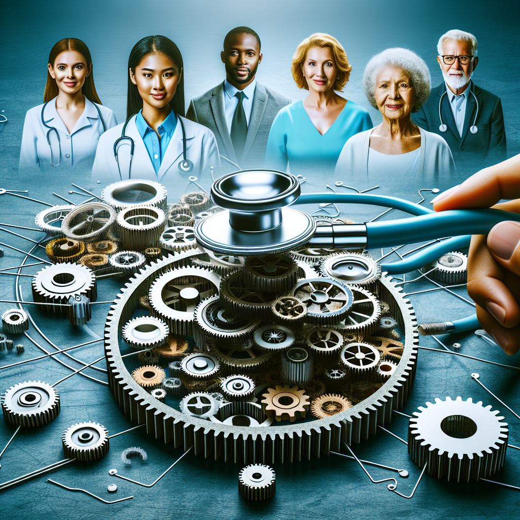 Visualize a conceptual representation of 'Medicare Changes: Effortless Solutions to Healthcare Costs'. An intricate network of gears working seamlessly to represent the healthcare system, with the largest gear labeled as 'Medicare'. A metaphorical stethoscope assessing the condition of the gear named 'healthcare costs', indicating a decrease. Placed in the foreground, a group of diverse individuals: an Asian female doctor, a Black male patient, a Caucasian elderly woman and a Middle-Eastern insurance broker observing the system with satisfied expressions.
