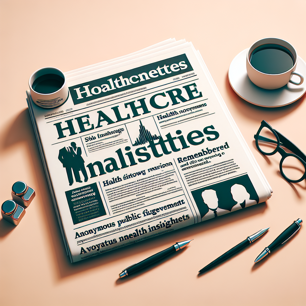 Create an image representing a newspaper with headlines about healthcare milestone achievements, anonymous public figures remembered for their contributions, and vital health insights. The backdrop for the newspaper can be a morning coffee table setting with a cup of hot coffee and a pair of glasses resting to the side. Ensure it looks aesthetically pleasing yet saturated with important information.