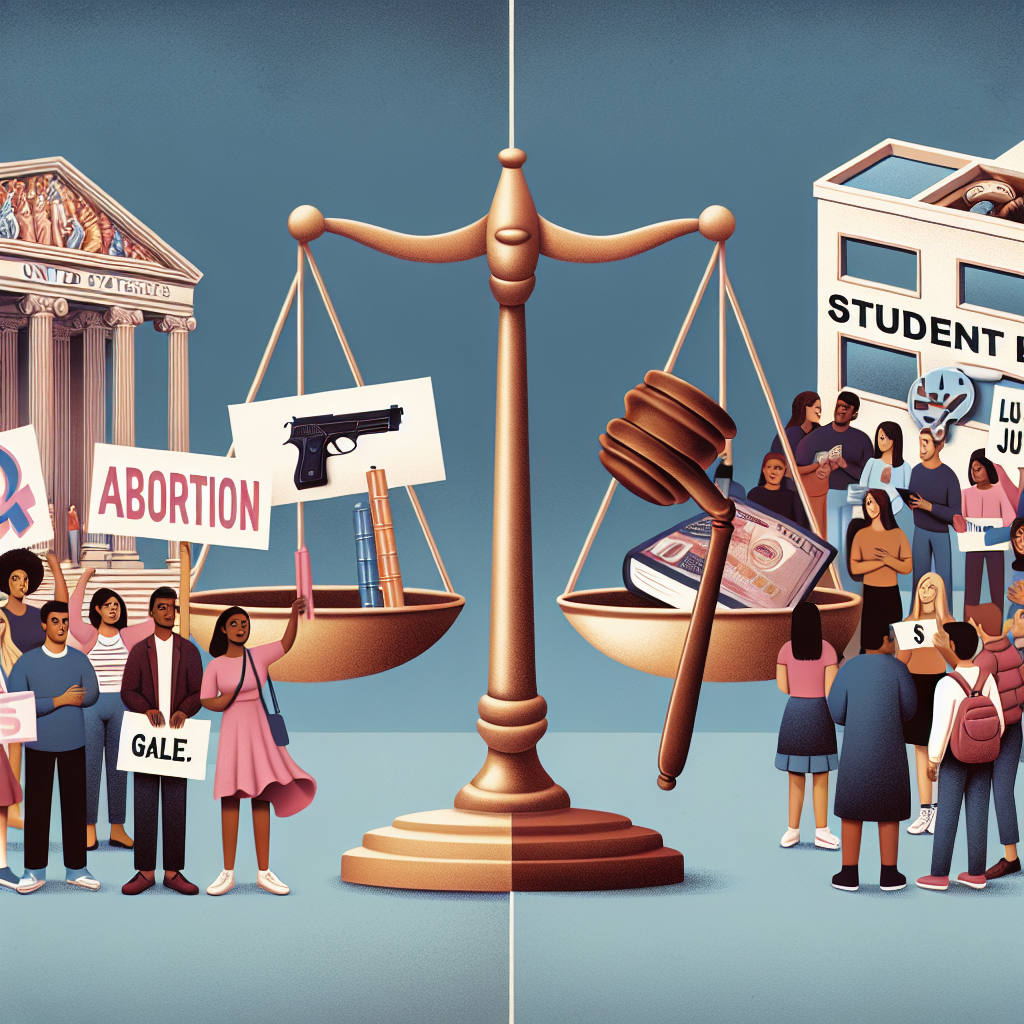 A conceptual representation of important legal issues in the United States: Abortion, Gun Laws, and Student Loans. On the left side, depict peacefully protesting people holding placards advocating for abortion rights, with a majority of women and people of diverse descents visible among them. The middle should show a balance scale with symbols of a gun and a gavel indicating the struggle between gun laws and justice. And on the right, a group of diverse mix of male and female students discussing student loans in the backdrop of a university setting.