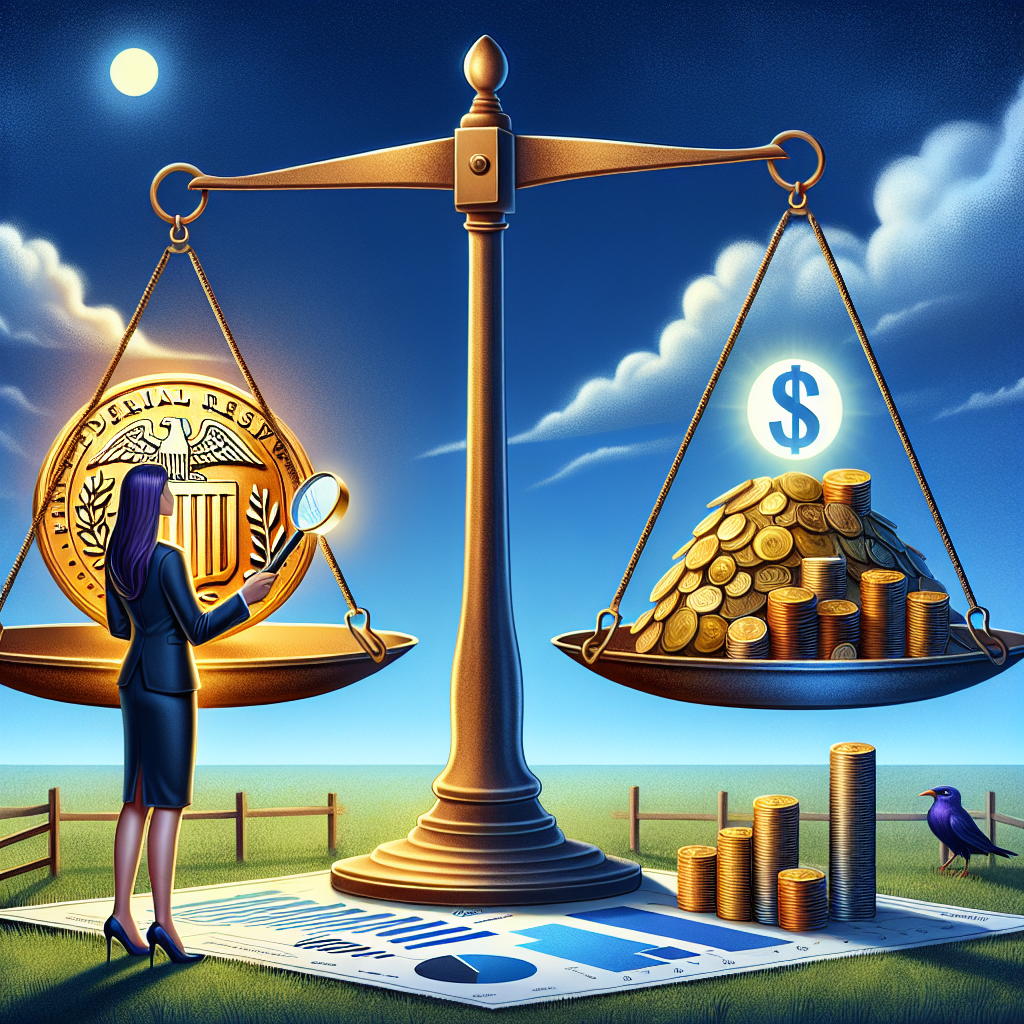 An illustrative concept depicting a big metaphorical balance scale, with a plate on one side holding a symbolic representation of the Federal Reserve, such as a large gold coin with a bank icon, and on the other plate a heap of coins illustrating inflation. A deep blue sky in the background with a rising sun signifies a new dawn. A Caucasian woman dressed smartly as an economist, analyzing this scale with a magnifying glass on one hand and a strategy blueprint paper on the other. The scene takes place in an open field with lush green grass.