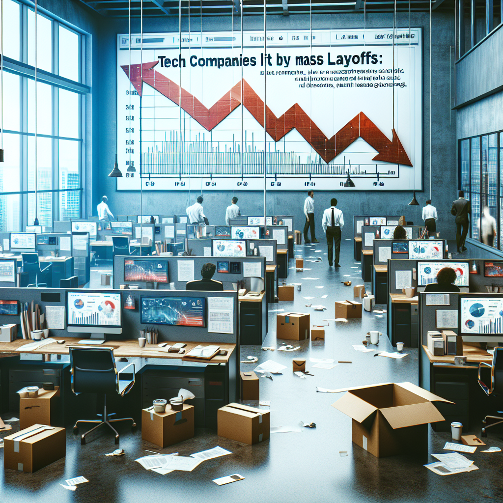 Visualize a modern office environment plunged into chaos, representing the aftermath of major layoffs. Abandoned workstations with unmanned computers displaying pie-chart and graphs, scattered papers, and half-full cups of coffee. Include a billboard showing harsh red downward facing arrows symbolizing decrease in company's stocks. Depict a mixed team of jobs such as engineers and marketers, of various descents like Black, Hispanic and Asian, both men and women, exiting with boxed personal belongings. Overlay the image with the headline: 'Tech Companies Hit by Mass Layoffs: Exclusive Insights'