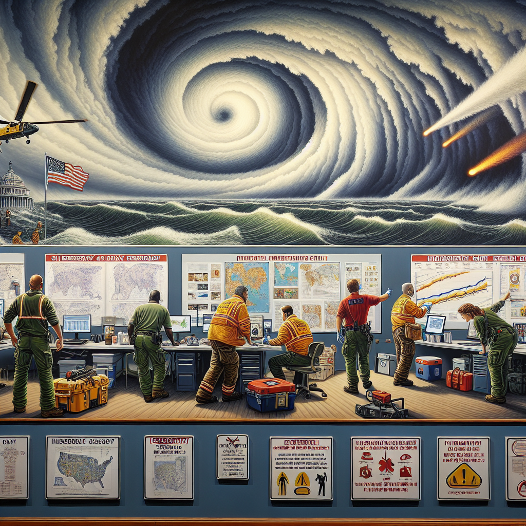 A detailed scene of an emergency situation during hurricane season. The foreground features a dark sky filled with swirling storm clouds, signifying the approach of a hurricane. In the middle ground, one can see both a multi-ethnic group of emergency workers preparing for the natural disaster, coordinating closely with a range of tools and information resources at their disposal—such as maps, radios, and computers. In the background, a wall adorned with several emergency alert signs. These signs display crucial instructions and protocols to follow during an ongoing hurricane season.