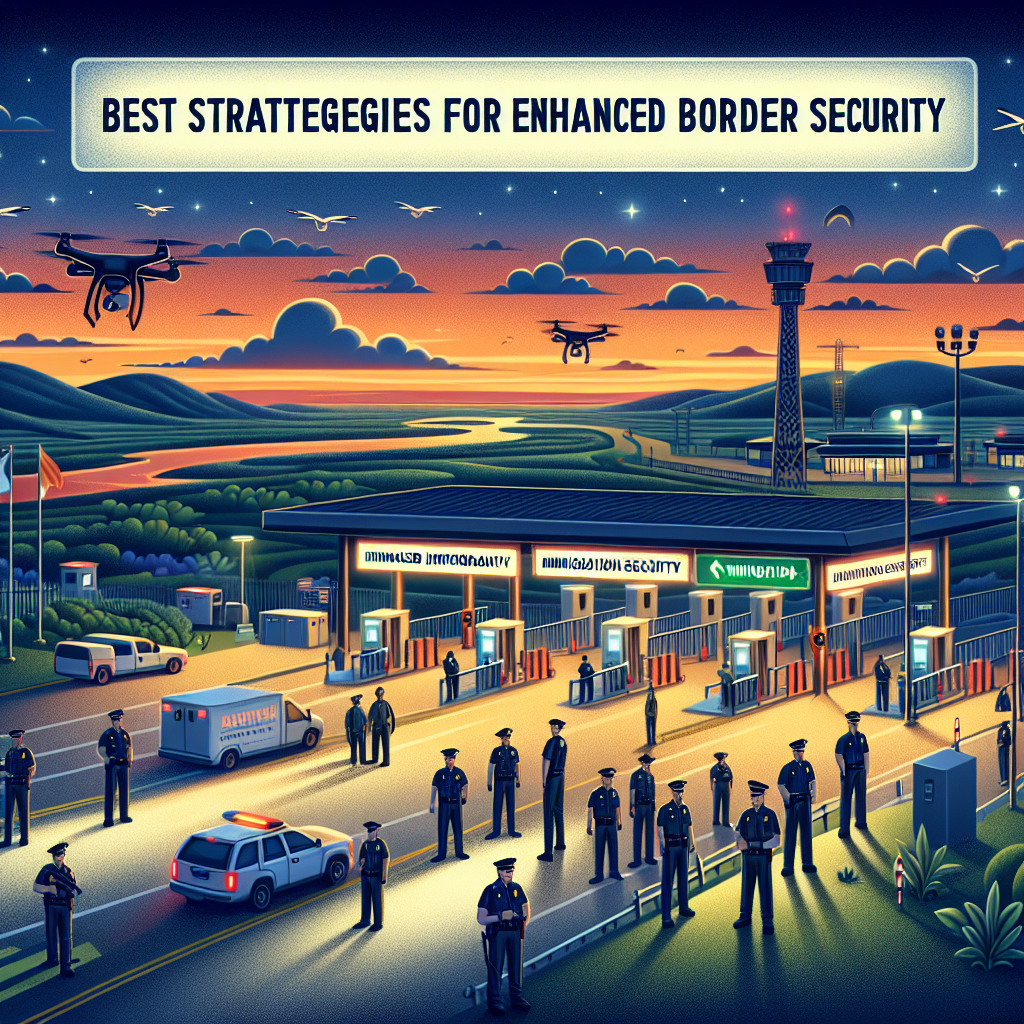 An illustrative landscape of a modernized border security system at dusk, symbolising best strategies for enhanced border security following policy changes. The scenic border area includes advanced technology like surveillance drones and infrared cameras. A well-lit checkpoint with vigilant officers showcasing a range of ethnicities, both male and female guards, is seen performing their duties. Off in the distance, you can spot a welcoming immigration center signifying new policy implementations. Please add a banner at the top, reading 'Immigration Policy Changes: Best Strategies for Enhanced Border Security.'