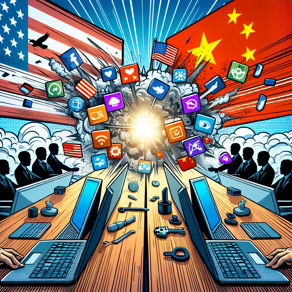 A conceptual illustration showing a symbolic representation of a debate regarding technology. It could be imaged with a large table where two sides, represented by two laptops with national flags - one representing the United States and the other representing China, are engaged in a spirited discussion. There may be icons floating between them, symbolizing various tech-related concepts such as social media, internet freedom, software, and privacy. In the background, there could be visible tension represented by comic-book style visual sound effects wording such as 'BAM!', 'POW!' to show the intensity of the situation, while there's a key on the table to denote the idea of 'Effortless Solutions'.