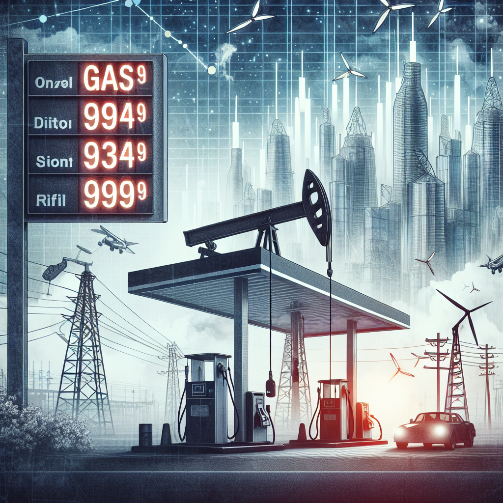 Create an illustrative graphic to represent the concept of 'Gas Prices Plummet: Exclusive Insight on US Energy Policy Shifts'. Picture a gas station with noticeable price boards displaying drastically decreased prices, set against an impressive skyline depicting progressing industrialization. In the background, depict a traditional oil derrick contrasted by symbols of renewable energy sources such as solar panels and wind turbines, signifying a shift in energy utilization. Avoid using real personalities or specific corporate logos, the aim is to capture a broader view of the changing policy landscape.