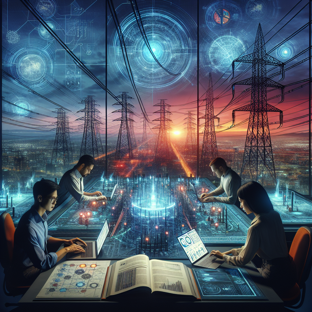 A vivid scene depicting a dense network of power lines against an evening sky, signifying a power grid. A group, consisting of a South Asian man, Caucasian woman, and a Black woman, is seen feverishly working on laptops and machinery in a well-equipped, futuristic control room in the foreground, to suggest the proactive prevention strategies. On screen, there are complex grid diagrams, glowing buttons, and data analytics tools. Next to them, an opened manual titled 'Vital Strategies for Preventing Nationwide Blackouts' on the desk signifies the focus of the article.