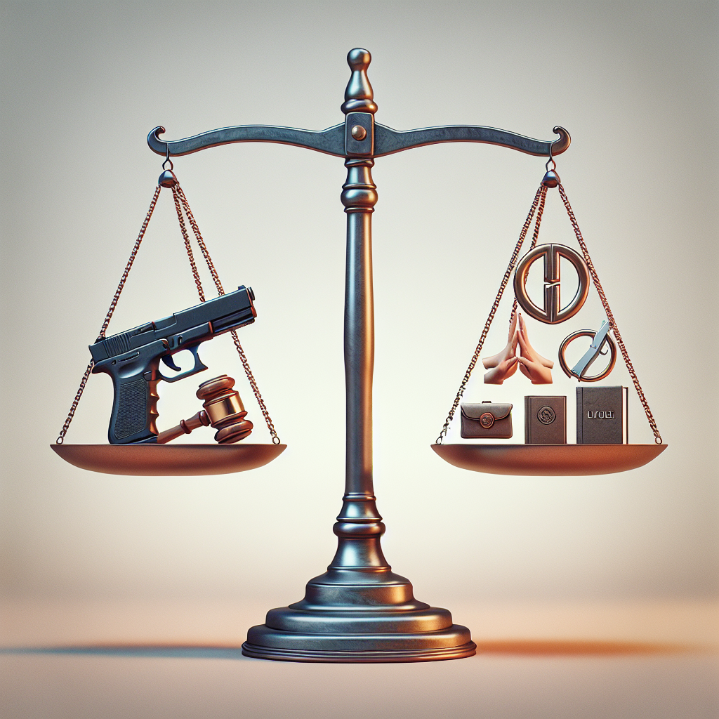 Depict a conceptual image symbolizing the prevention of gun violence. Imagine a scene where a large metal scale balances precariously on a central fulcrum. On one side of the scale, place a semi-automatic firearm representing gun violence. On the other side, introduce several symbols representing prevention strategies: a gavel symbolizing legislation and rule of law, a book to represent education and awareness, and a community emblem showcasing unity and societal ties. The scale should be balanced, indicating a harmonious solution to the issue. Use soft tones to evoke a sense of calm and peace.