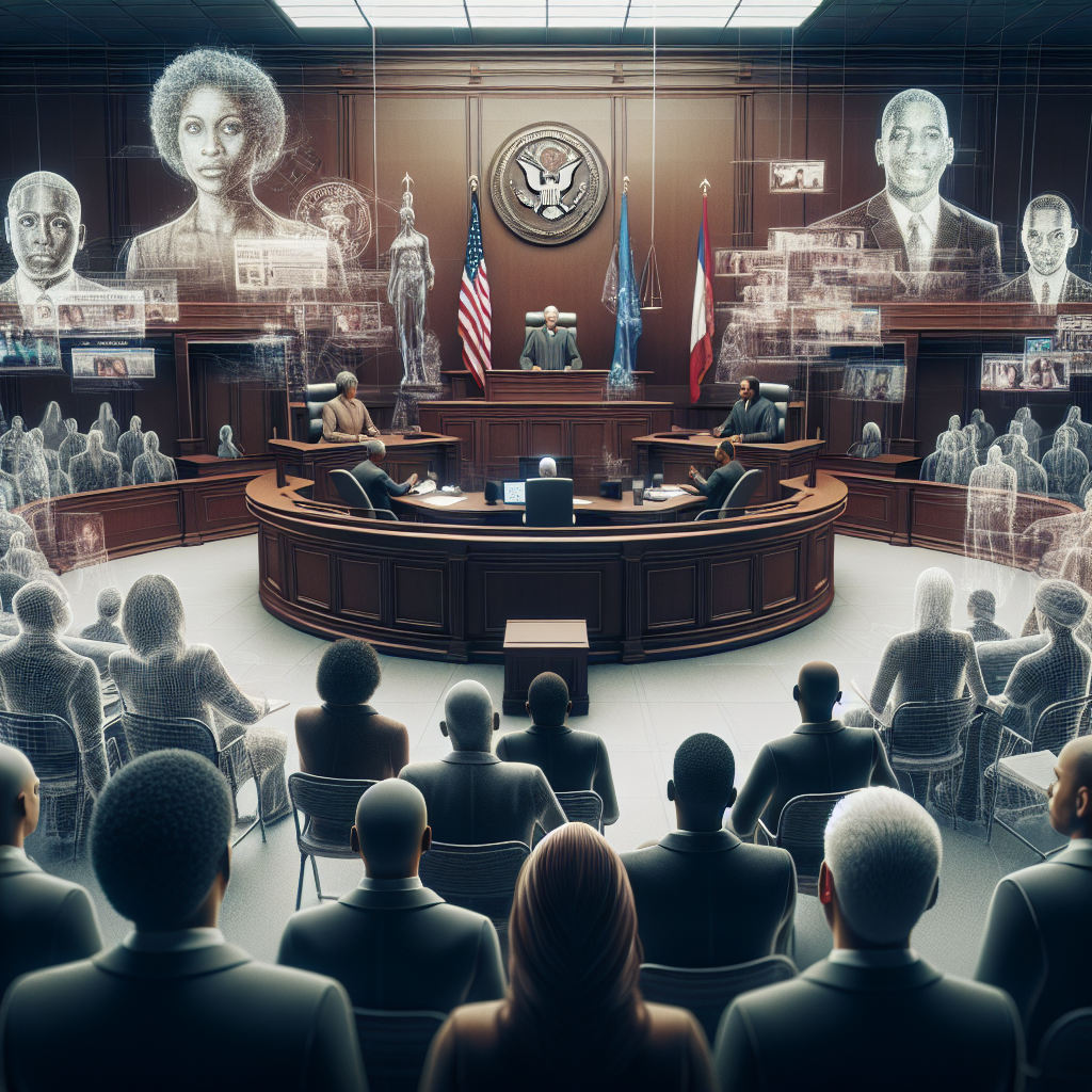 A complex 3D visualization of an American courtroom, featuring a diverse array of individuals including a Caucasian female judge, a Black male prosecutor, a Hispanic female defendant and a South Asian male defense attorney. The image should depict the intricate details of the court proceedings and convey the seriousness of a high-profile criminal trial. Around the main scene, there are faint, ghostly images symbolizing public reactions like newspaper headlines, social media comments, and community gatherings. Note: Avoid depicting specific real-life incidents or individuals.