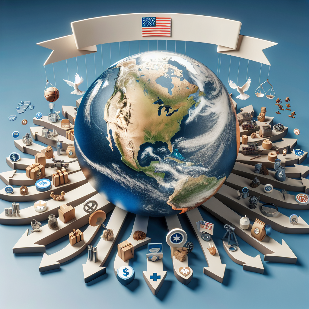 A 3D image of a globe centered on United States with arrows extending from it towards different continents, symbolizing military aid transfer. The earth is covered in variations of cool blues, whites for polar regions and warm browns for continents. Each arrow is made up of miniature resource icons such as food, medicine, construction, and vehicle icons to symbolize the aid being given. Intersperse the scene with military themed symbols like peace doves, olive branches, and scales of justice. Include a banner overhead with the text 'Global Security: Best Strategies for US Military Aid Support'.