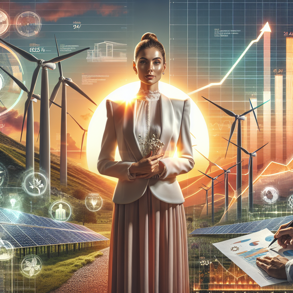 An enlightening scene showcasing a sustainable future. In the foreground, a Caucasian female legislator in an upscale ensemble, holding a bill titled 'Clean Energy Investments.' She stands in front of a backdrop showcasing a wind farm, set against the rising sun. Additionally, a chart projecting an upward trend in renewable energy investments is visible. In another part of the image, a Middle-Eastern male investor is seen studying blueprints for a solar energy project. Inject throughout the scene elements symbolizing sustainable practices and the concept of eco-friendly innovation.