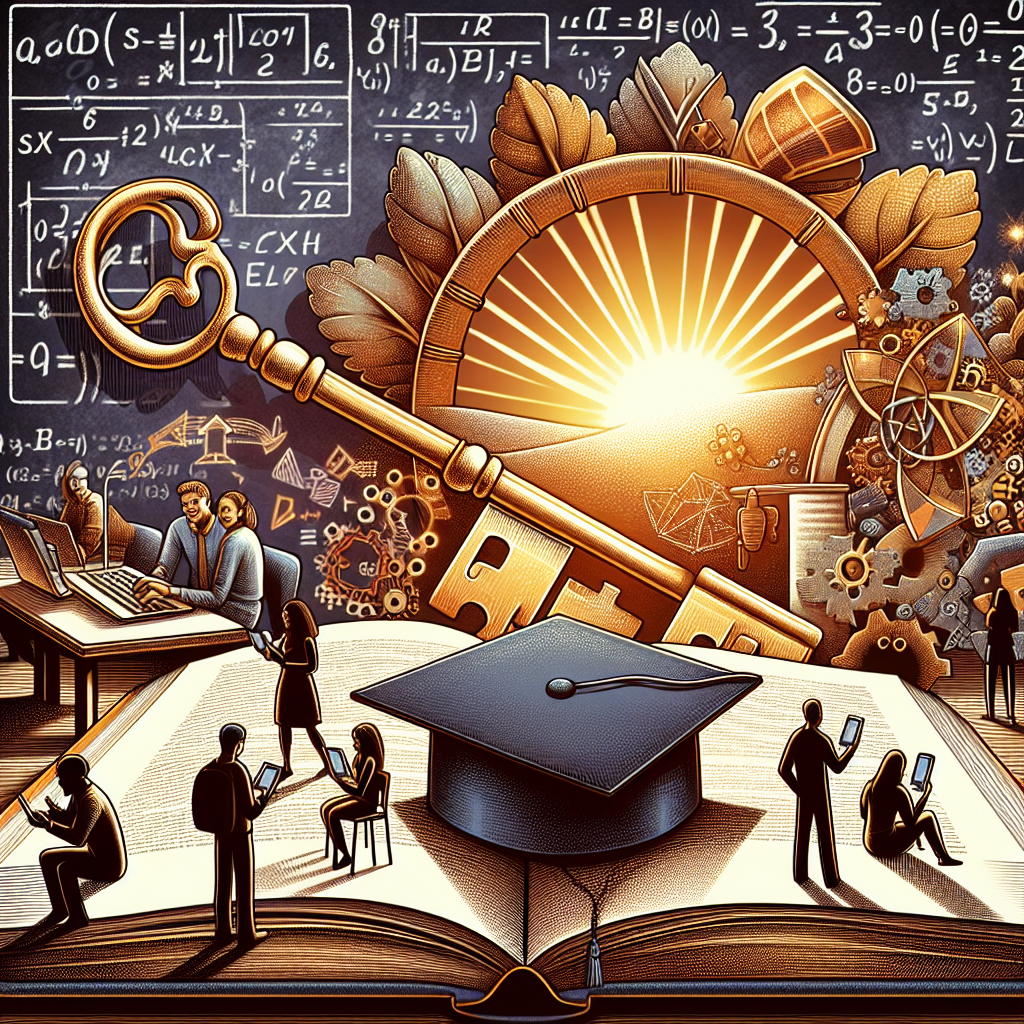 An intricate illustration representing the concept of student loan forgiveness. Depict an open book on a desk, casting a shadow that forms a graduation cap. Nearby, a large, shiny golden key symbolizes unlocking repayment freedom. As background, feature a chalkboard with complex equations representing financial burdens evolving into simpler, more manageable solutions. Include multi-ethnic students of different genders, happily discussing the updates on their devices. Include a symbolic sunrise over the horizon, representing a new dawn of effortless repayment updates.
