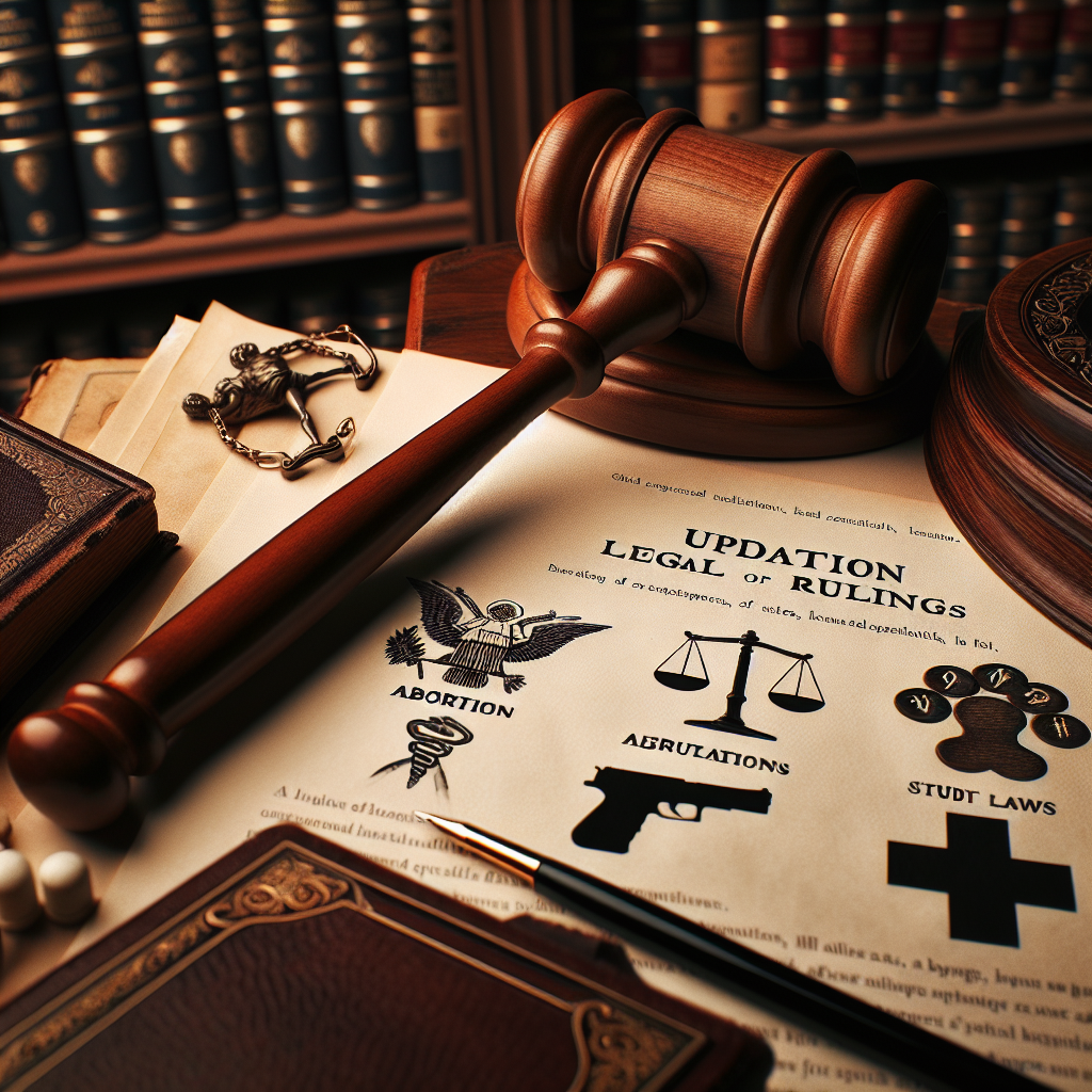 An antique wooden gavel rests on a pile of important legal documents relating to updated rulings on three main topics: the rights to abortion, the regulation of firearms, and student loan policies. The documents spread across a sophisticated library desk, with ivory parchment paper and quill in the foreground. The background holds bookshelves stocked with law books. Symbols or diagrams that represent each of the three topics - a medical symbol for abortion rights, a firearm for gun laws, and a graduation cap for student loans - are subtly etched onto the cover of the documents.