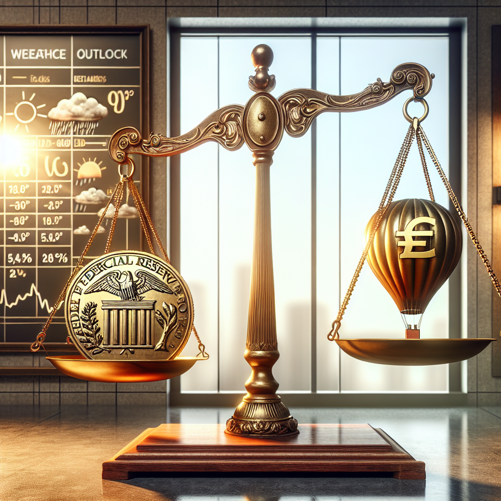 Show an abstract concept of the Federal Reserve's interest rate decisions impacting the inflation outlook. Picture a large vintage scale, symbolic of balance, in a sophisticated office setting. On one side of the scale place a golden coin engraved with the symbol of interest rates, and on the other side, a hot air balloon representing inflation. The scale is not balanced, the coin side is slightly lower signifying a decision made. In the background, a window is displaying a weather forecast, a metaphor for the economic outlook with mixed symbols of sun, clouds, rain, and wind.