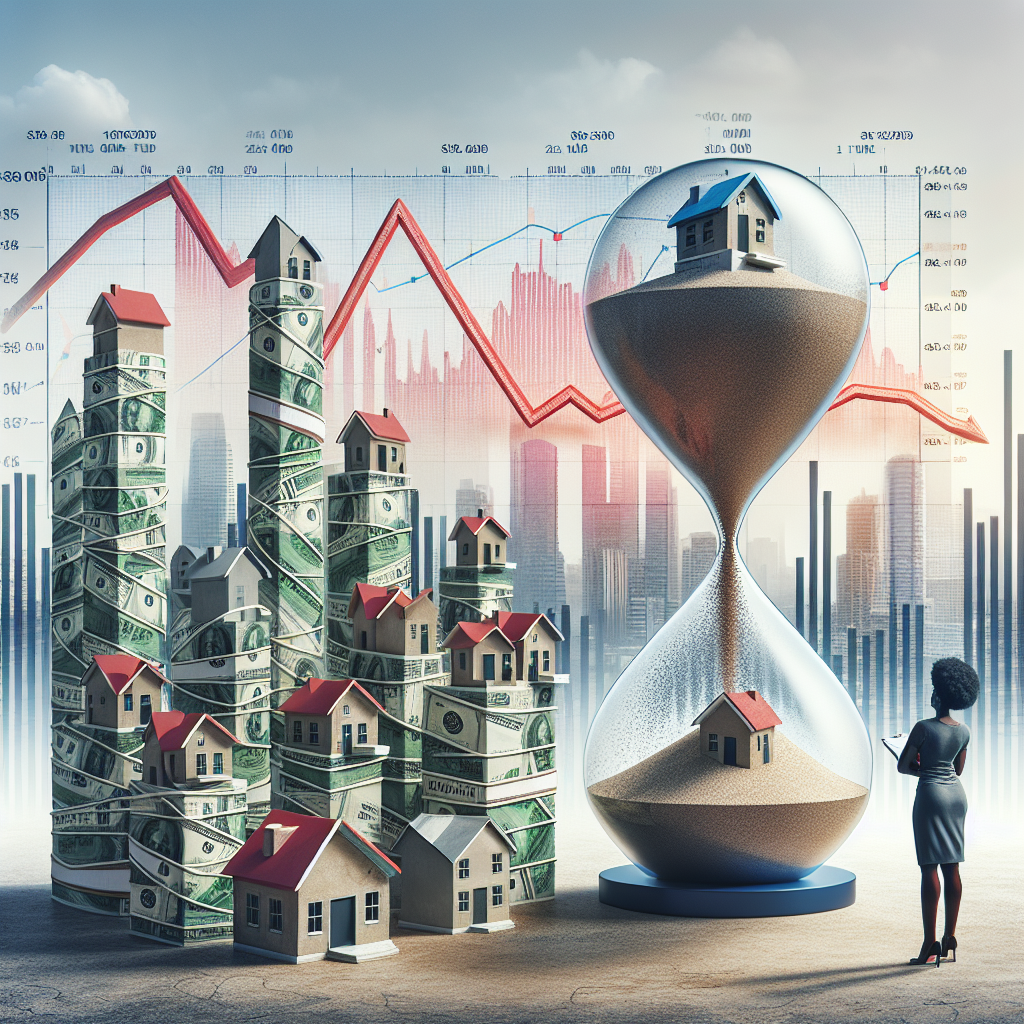 A complex scene representing the US housing market crisis. Include towering skyscrapers of paper bills and market graphs with red lines displaying rise, to symbolize the mortgage rates. Place a giant hourglass in the middle, with grains of sand that resemble miniature houses dropping down, signifying the passing of time and the urgency of the crisis. Have an individual standing before the scene, showing resilience and determination. This individual should be studying a detailed blueprint titled 'Top Strategies', with clear, distinct metrics and graphs, indicating ways to beat the rising mortgage rates. The individual could be a Black woman, symbolizing diversity and gender-inclusiveness.