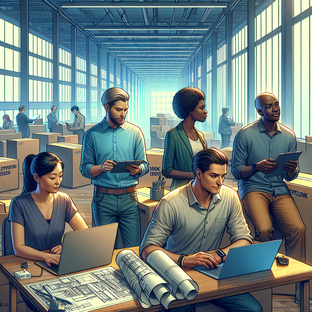 Imagine a detailed scene of a large tech office space that was once bustling, now quiet and vacant, reflecting the layoffs. In the foreground, there's a group of diverse former employees — a Hispanic woman with a laptop, a Caucasian male with tech blueprints, an Asian woman glancing at her smartwatch, and a Black man observing his surroundings, holding a job search guidebook. They're discussing strategies for overcoming job displacement amid stacks of boxed stationery. For a happier tone, depict a hopeful perspective of the displaced workers learning new skills or finding new opportunities.