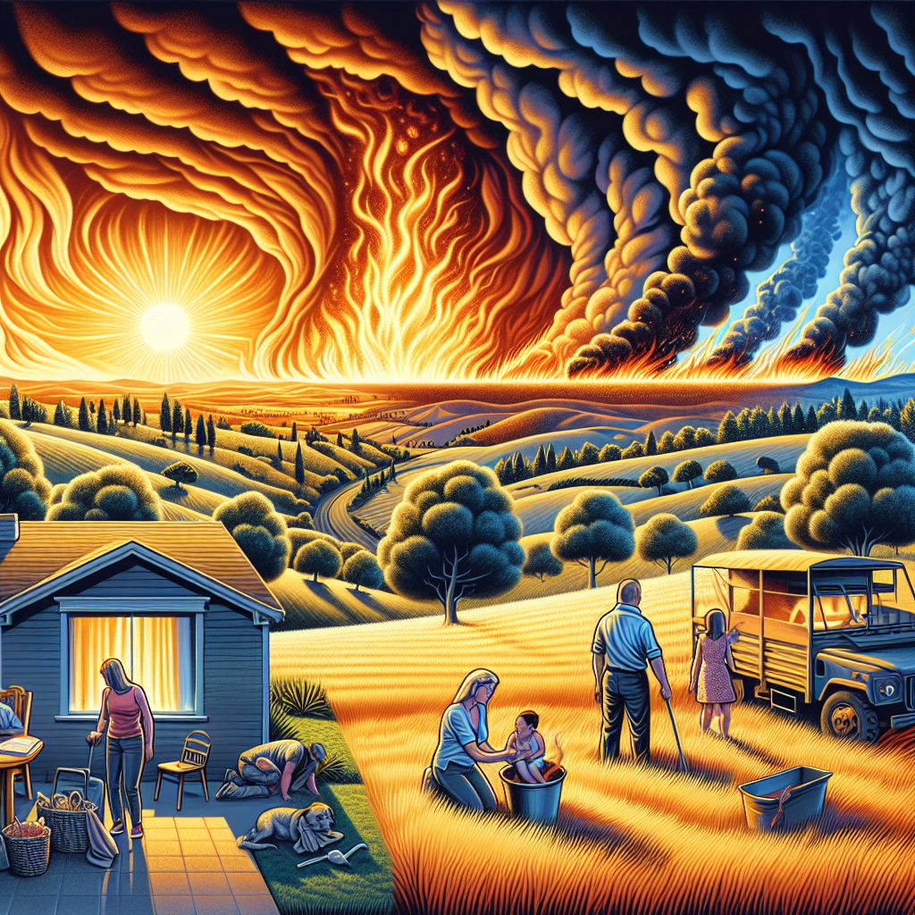 A dramatic illustration representing the threat of wildfires and extreme heatwaves. Feature a countryside landscape under a blazing sun, with a wildfire in progress hinted in the far-off distance, through billowing smoke. Include also a foreground scene showcasing preventative measures: perhaps a family of mixed descent securing their suburban home with fire-resistant materials or checking off a safety list. Don't forget to emphasize the harsh environment through the depiction of sweltering heat, vibrant warm colors, and parched vegetation.