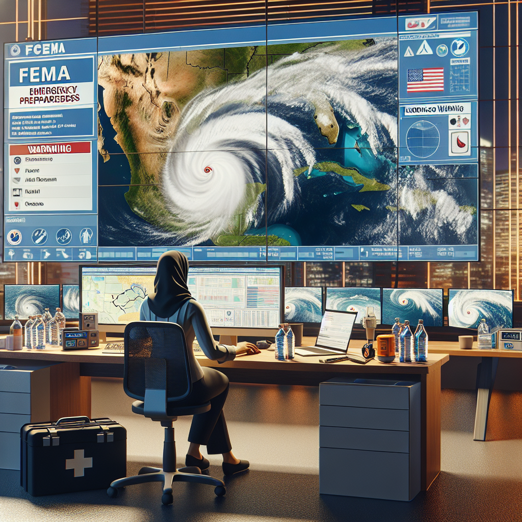 Visualize a scene representing FEMA emergency preparedness for the hurricane season. Picture a weather center with a large digital map displaying a hurricane formation over the ocean. There's an emergency management official, a Middle-Eastern woman, following the hurricane's trajectory closely on her computer. On a side table, see a preparedness kit containing water bottles, first aid box, flashlight, and radio. In the background, have a large screen displaying a hurricane warning alert with specific details such as the severity level, affected areas, and evacuation advice.