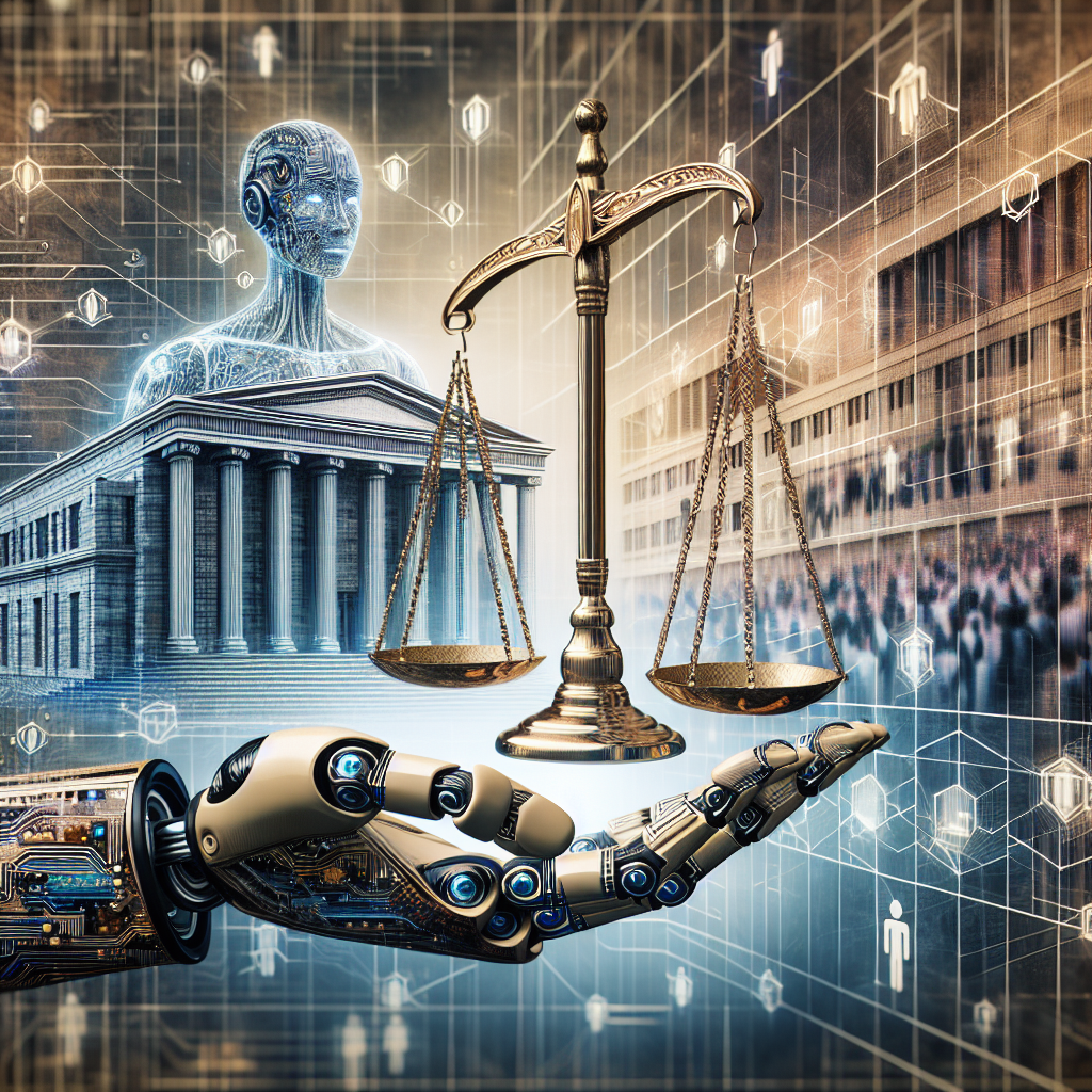 Generate a highly detailed image representing the concept of artificial intelligence regulation, using symbolism like a robotic hand holding weight scales, symbolising justice. In the background, depict a well-structured building representing governance but avoid creating a specific real-world building. Emphasize the thoughtfulness and complexity inherent to policy-making, such as by including a holographic projection of legal documents or network connections implying global impact. Exclude all specific references to any real politicians or governments.