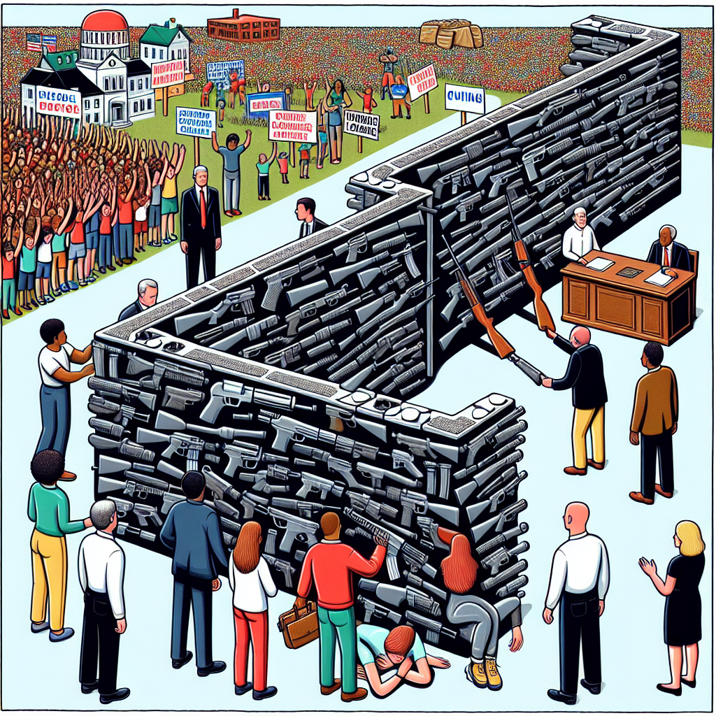 A detailed illustration that symbolizes the concept of 'Federal Gun Control Legislation as a Crucial Step Towards Curbing Gun Violence'. The image could feature an array of firearms arranged in the shape of a large obstacle, like a wall or a barrier. This barrier is being dismantled or reformed by a diverse group of people, both men and women of Caucasian, Hispanic, Black, Middle-Eastern, and South Asian descent, who are engaging in peaceful actions such as voting or legislating. In the background, there should be visual elements that symbolize a safer, more peaceful society like children playing in a park, flourishing communities, etc.