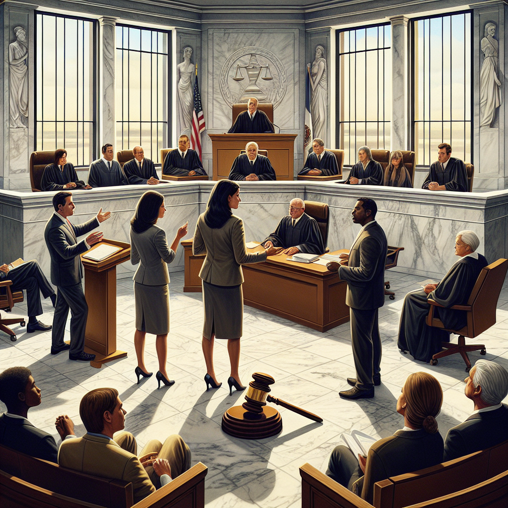 A visually engaging scene inside a marble-floored courtroom, where lawyers of different descents and genders are engaged in a passionate discussion. One lawyer, a Caucasian woman, stands up presenting arguments, while a South Asian male lawyer sits, taking notes. Around them, stern-faced jury members of various descents listen attentively. On the stand, a gavel rests, symbolizing the imminent verdict. Walls of the courtroom have bold engravings representing justice, truth, and equality. At the back, a large window that overlooks a peaceful cityscape, drawing a stark contrast to the intense activity inside. This is a rendition of US high-profile criminal trials.