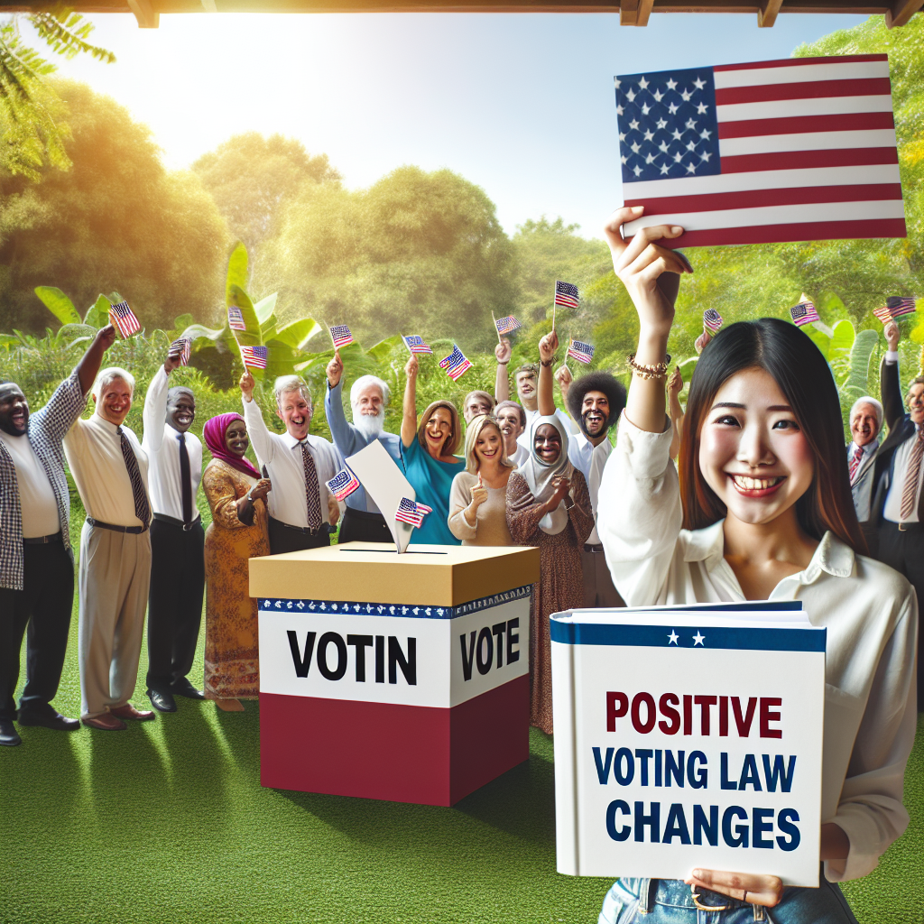 An image that visualizes the concept of positive changes to voting laws in the United States following an election. It could depict a diverse group of people from different descents such as Caucasian, Hispanic, Black, Middle-Eastern, South Asian happily casting their votes into a large ballot box that symbolizes improvement and prosperity. The setting is daylight, outdoor with lush green background. The scene might also show a guide book with the heading 'Positive Voting Law Changes' held by an Asian female, giving an overview of the changes to inspire active participation from all citizens.