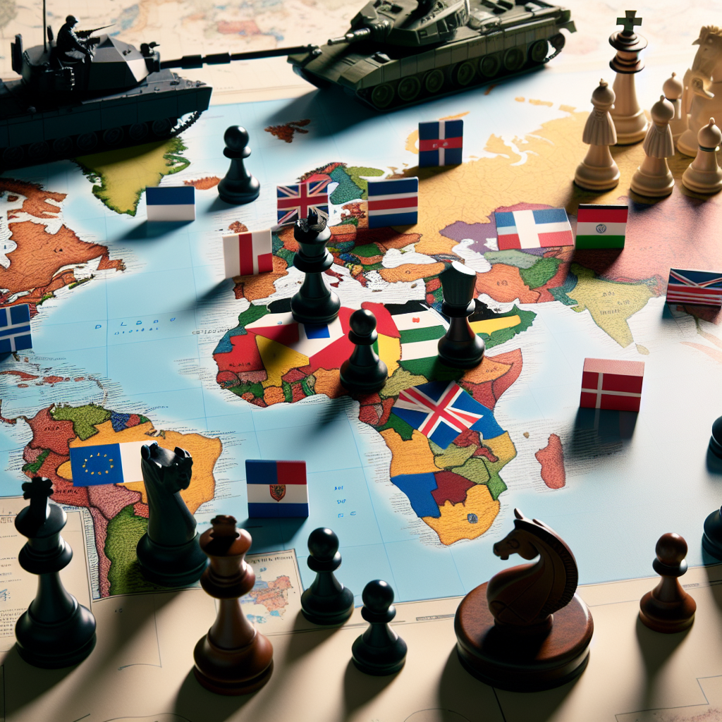 A symbolic image portraying the concept of global security. The main focus should be a traditional map of the world laid flat on a table. On this map, pieces from a chess game are scattered: pawns, bishops, knights, castles, and a queen. Each piece has a flag design on it representing various countries. Additionally, military-themed objects such as model tanks, planes, and ships are also strewn about the map indicating strategic locations. This image should highlight diplomacy, strategy, and armed forces in a way that metaphorically represents international relationships and military aid.