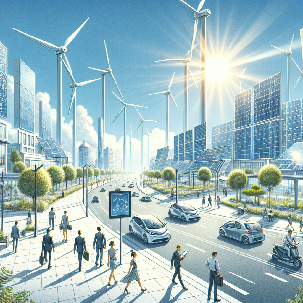 Illustrate an image of a clean, modern city bathed in sunlight, laden with renewable energy infrastructure. Solar panels glisten on rooftops, and elegant wind turbines rotate gracefully in the breeze over the horizon. Electric vehicles dash along the roads, and civilians, a diverse blend of Caucasian, South Asian, African, and Hispanic descent, walk along clean pathways. They are engaging in various activities such as reading an investment guide, looking at growth charts on a digital screen, or simply cherishing the tranquil environment. Above the scene, the sky stretches infinitely blue, perhaps insinuating the boundless potential of sustainable growth.