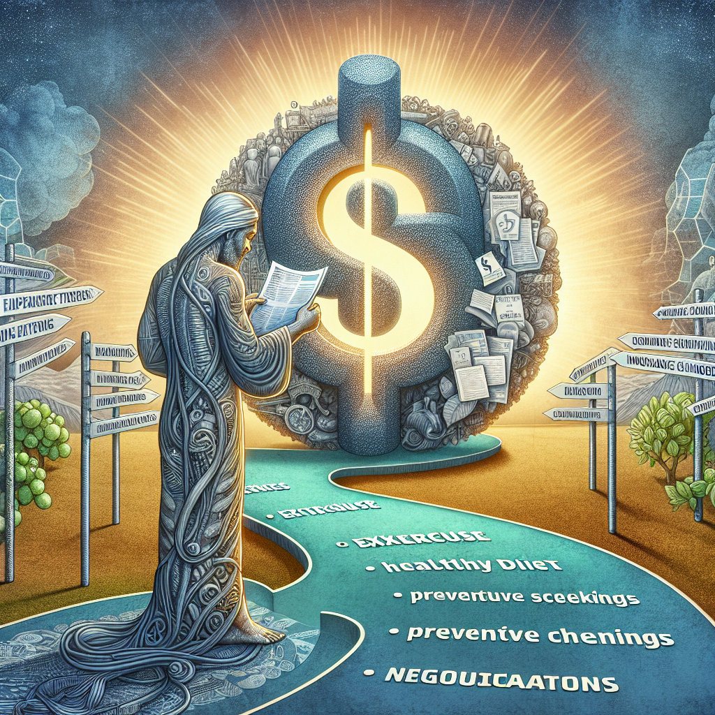 An intricate illustration of a concept related to healthcare costs. In the foreground, there's a detailed artwork of a human figure of Middle-Eastern descent pouring over various documents with healthcare terms and insurance changes - a nod to the individual navigating the healthcare system. Behind them, a large, semi-translucent dollar sign symbolizes the financial aspect. To showcase the strategies for affordability, depict a wide pathway leading from the person towards a sunny horizon, lined by various signs symbolizing methods to reduce costs such as exercise, healthy diet, preventive screenings, and negotiations.
