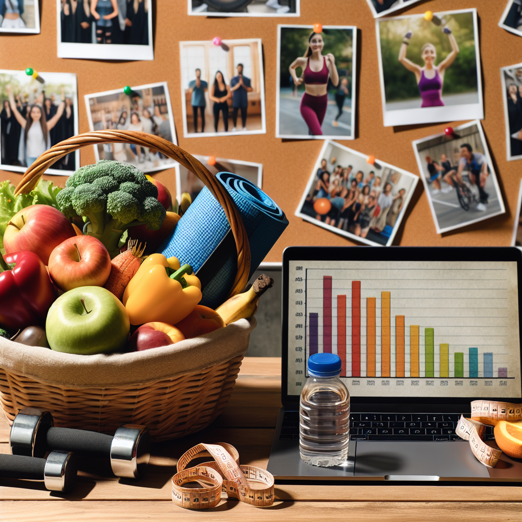 An assortment of organic fruits and vegetables overflowing from a woven basket, next to fitness equipment such as a yoga mat, dumbbells, and a water bottle. Situated on a wooden tabletop with an opened laptop displaying a bar graph showing important health milestones. In the background, a blurred corkboard showcasing photos of anonymous individuals participating in major life events like graduation, successful marathon completion, and joyful birthday celebrations.