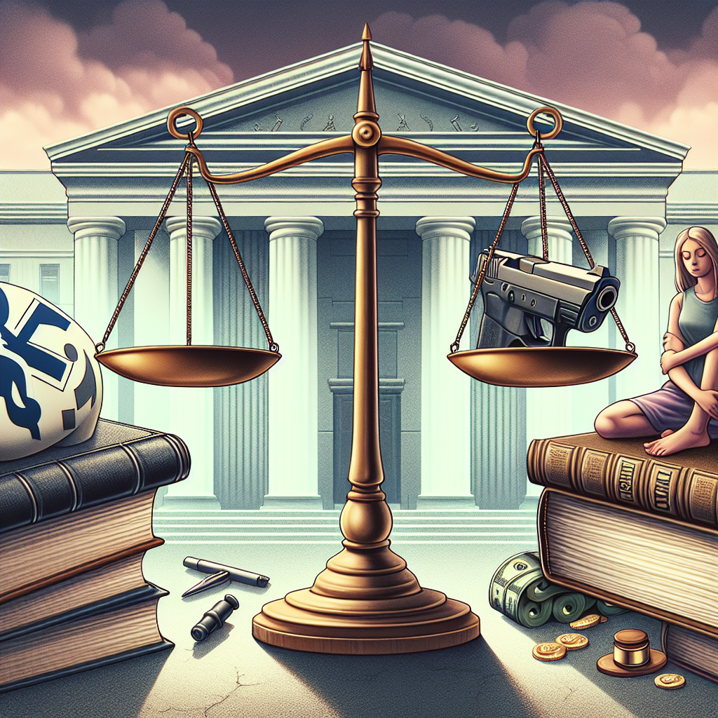 Illustrate an image representing key rulings by a high-level judiciary body. On the left, show there's a balance scale weighing two contrasting symbols: one is a medical symbol, representing health-related decisions, and the other is a handgun, representing laws associated with firearms. In the middle, depict an imposing judicial building with a large book inscribed with law codes lying in front of it. On the right, illustrate a young woman, representing a student, underneath a heavy mountain of books to symbolize student loans. Remember to convey the gravity and significance of these decisions.
