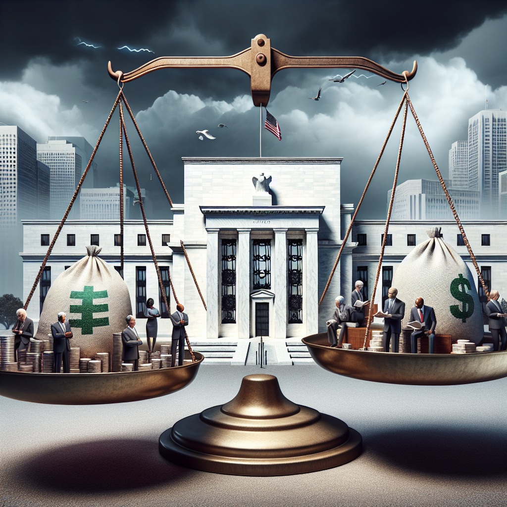 Visualize an intricate 3D representation of the Federal Reserve building, with a giant balance scale sitting atop. On one side of the scale, illustrate a bag symbolizing 'Interest Rates', and on the other side, a bag symbolizing 'Inflation'. In the background, portray a diverse group of economists, a South Asian man, a Caucasian woman, a Middle-Eastern man and a Black woman, analyzing data and devising strategies. In the sky above, depict storm clouds starting to gather, hinting at economic changes on the horizon.