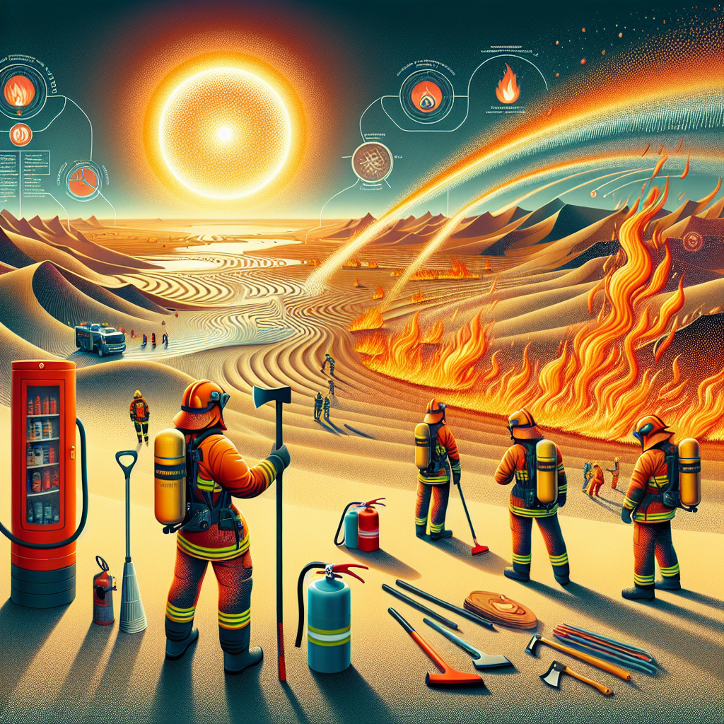 A striking illustration to depict the urgent need for fire safety during extreme heatwaves. A vast desert landscape under a blazing sun that radiates heat. Tiny waves of heat distort the air, creating a mirage effect. In the foreground, an ethnicity-neutral, gender-diverse team of firefighters, dressed in bright protective gear, bravely combat a raging fire in a grassy patch. Next to them, clearly visible tools for fire prevention and containment, such as fire extinguishers, water hoses, and axes. Infographics indicating fire safety regulations dot the image to communicate the strategies required during these catastrophic events.