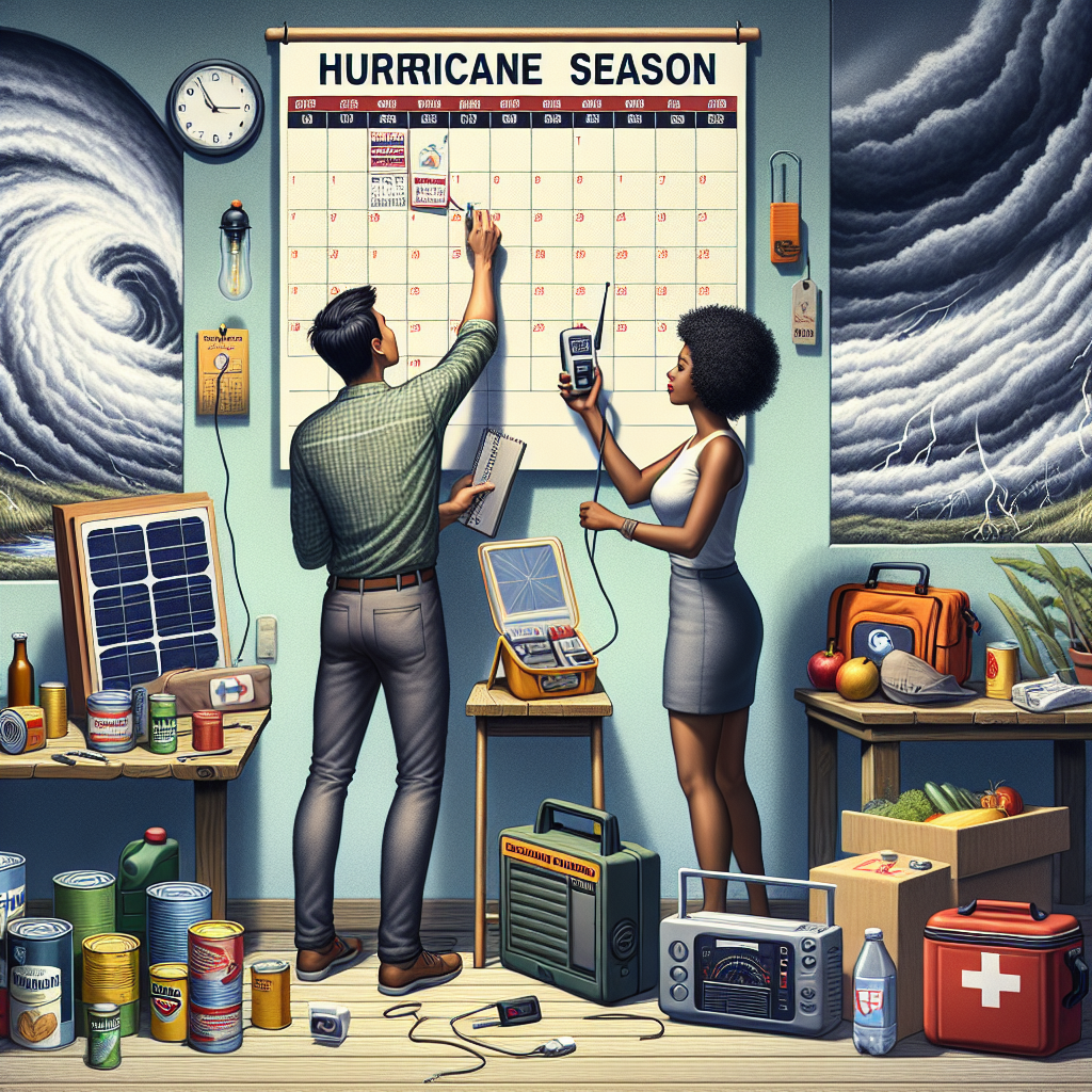 An image showcasing the importance of hurricane season preparedness. There's a central figure, an Asian male, circling a date on a calendar hanging on a wall, marking the start of hurricane season. Next to him, a Black woman is seen tuning a portable solar-powered radio, listening closely for possible storm alerts. On a table near them, emergency supplies are visible, which include canned food, bottled water, first-aid kit, flashlights, and batteries. The background shows storm clouds gathering, indicating the imminent start of the hurricane season. The image overall conveys the theme of readiness and urgency.