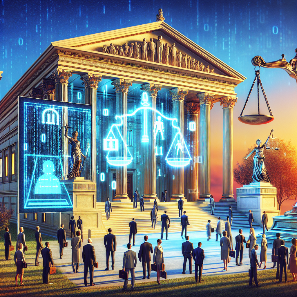 An image of a grand neoclassical building, representative of a house of law, bathed in soft evening sunlight. In front of it stands a digital screen displaying binary code and various AI symbols against a neon blue background to signify artificial intelligence. Around, people of diverse descents and genders congregate - some in business suits representing policymakers, others in casual attire signifying citizens. A large-scale, metallic balance scale in the mix symbolizes regulation. All of it set against a backdrop of a clear blue sky.