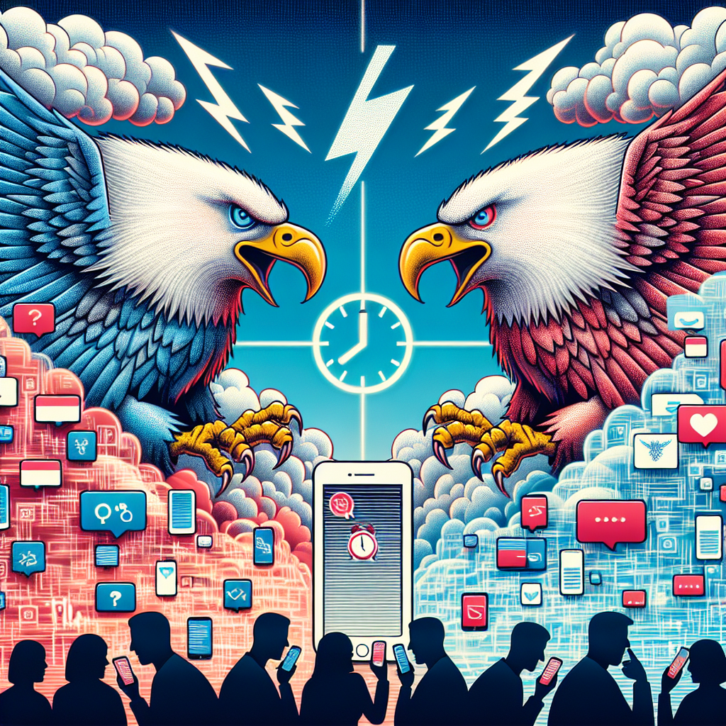 An illustrated representation of an online debate stirring up amidst the backdrop of technological tension between two large, symbolic eagles representing two distinct nations. The eagles are seen in a sky filled with digital clouds and lightning, symbolizing conflict. On the ground, confused users are shown with their smartphones, where an app icon showing a clock reflecting ticking time is blurred, symbolizing the potential ban.