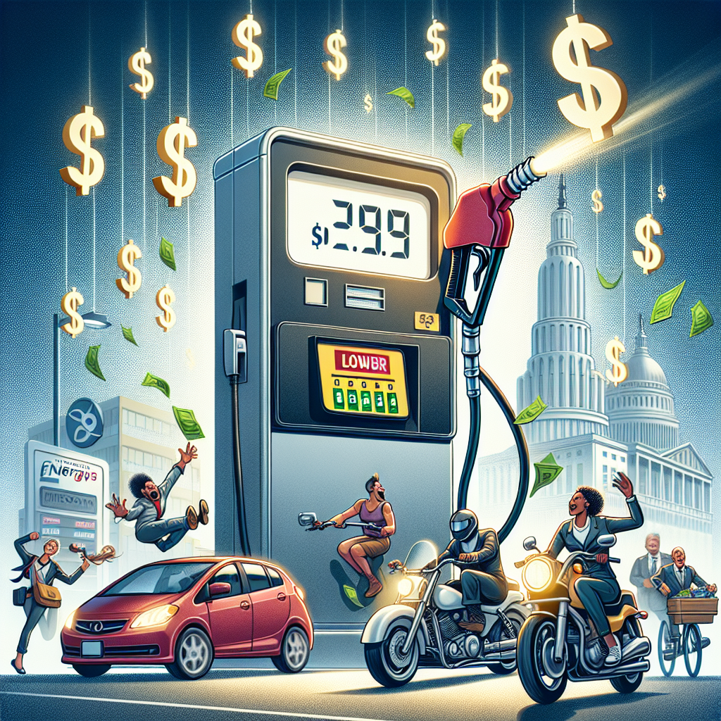 An illustrative image of a large gas pump with lower numbers on the price panel. Dollar signs falling down around it, symbolizing the reduction in gas prices. In the backdrop, a diverse cross-section of American commuters celebrating the affordability, including a Hispanic female motorcyclist, a Black male in a compact car, a Caucasian female in an SUV, and a Middle-Eastern male on a bicycle. Incorporate an abstract representation of energy policies, perhaps as a document or official seal hovering above the scene.