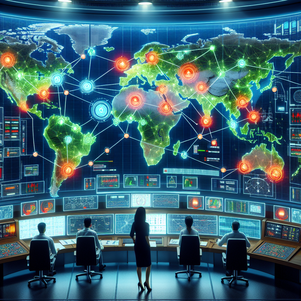 Depict an intricate power grid laid out across a map of a nation, resembling a web of interconnected nodes. The nodes should be illuminated in green, while a few critical ones in danger are flashing in a worrying red. Also illustrate a control room in the foreground with two professionals, a South Asian male and a Middle Eastern female, actively monitoring the system on large screens and taking various preventive measures. Include charts and graphs depicting energy levels on some of the screens. The setting should convey high stakes, urgency and the importance of avoiding a nationwide blackout.