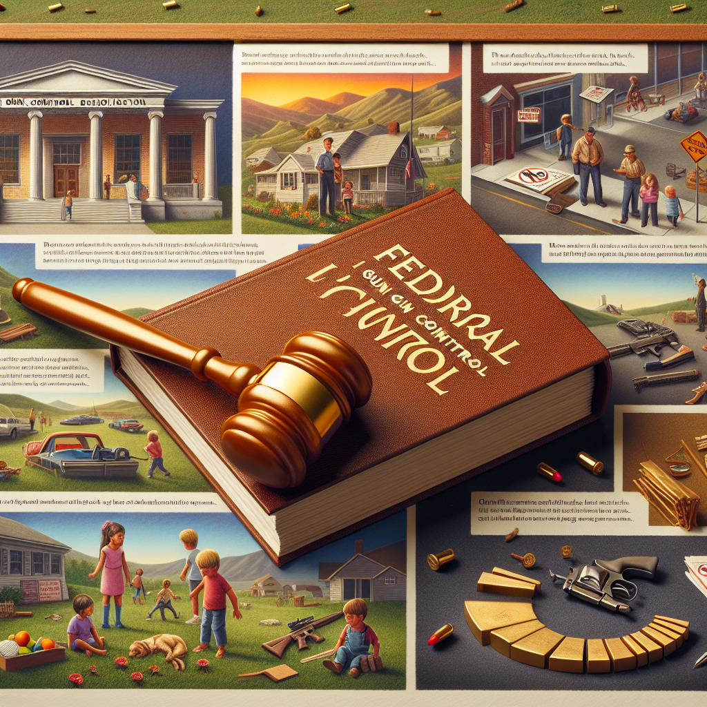 An informative image about federal gun control legislation. The visual narrative should include laws represented by a book with a shiny golden gavel laying on top. The background shall depict a peaceful community with children playing, adults doing chores, and elderlies chatting, symbolizing the effect of the reduction in violence. A large, tactile graph should be included to illustrate the decrease in gun violence incidents as a consequence of strict laws. Please, do not include real people, explicit violence, or specific legislation names.