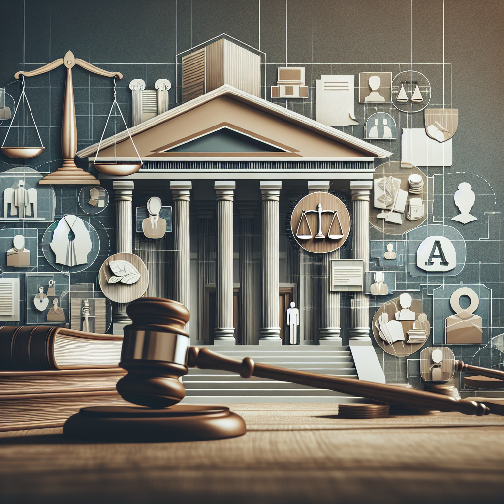 A conceptual image representing high-profile criminal trials in the United States. It can have symbols such as the scales of justice, a gavel, and legal documents. Background could consist of a courthouse with large pillars and steps leading to it. There can also be representations of various elements of a trial like a stand for witness, jury seating area and attorney tables. Use muted and serious tones to convey the gravity of the topic.