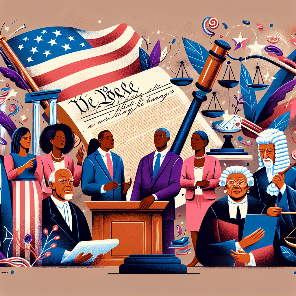 Illustrate the complexity and importance of the US election's aftermath. The design should focus on the concept of voting law changes as a significant lever in modern democracies. Include diverse figures engaged in civic discussions, such as a young Black female lawyer, an elderly Caucasian male judge, a Hispanic legislator, and a Middle Eastern voting rights advocate. They should be surrounded by elements suggesting the law, like a gavel, scale, constitution text, and voting booths. Use a neutral background with a vibrant emphasis on the foreground.