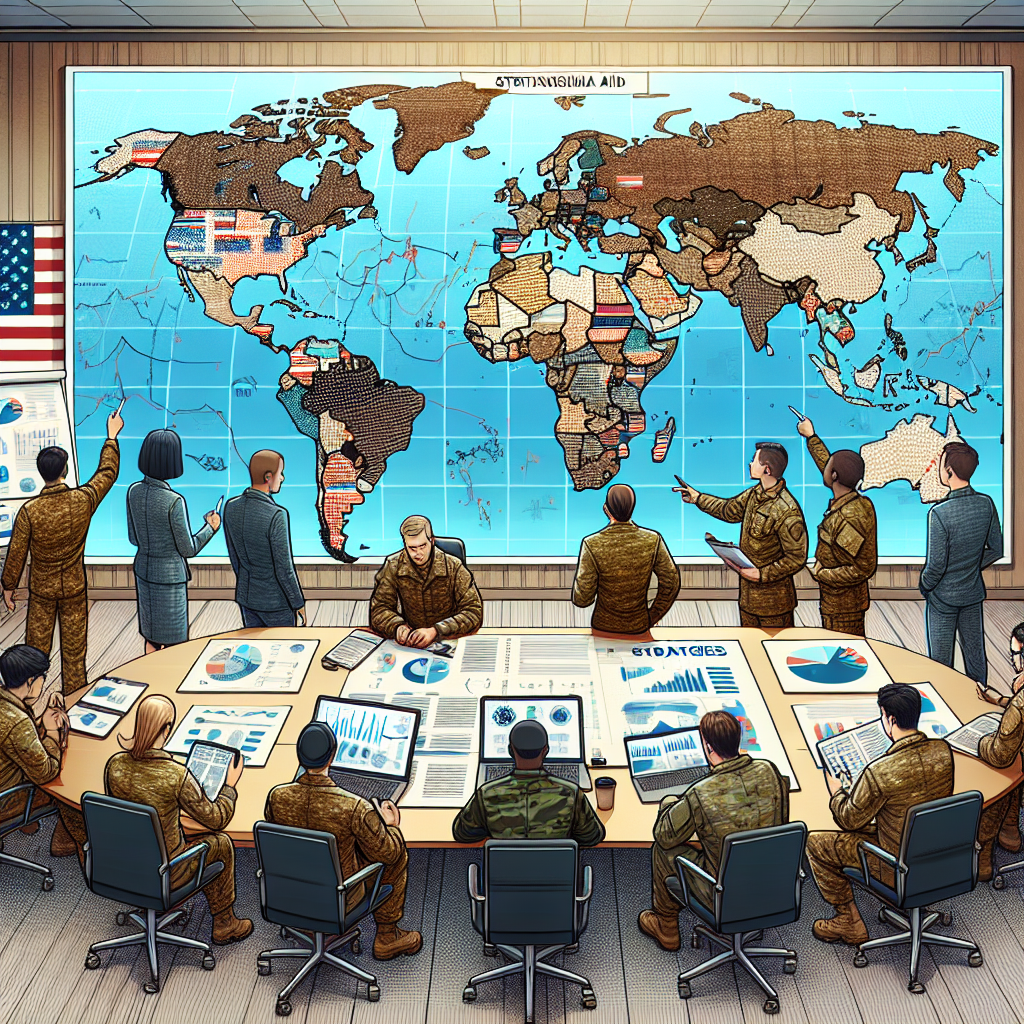 Detailed illustration of a large interactive world map with various highlighted areas representing different countries. A group of people of various races and genders are gathered around the map, deeply engaged in a discussion. These individuals are wearing military style clothing, suggesting their role in decision-making for military aid. Additionally, some are seen holding documents and pointing at specific regions on the map. On a side table, strategies text documents, tablets showing data charts and a cup of coffee are scattered. The room has an office-like decor with American flags hanging on the walls.