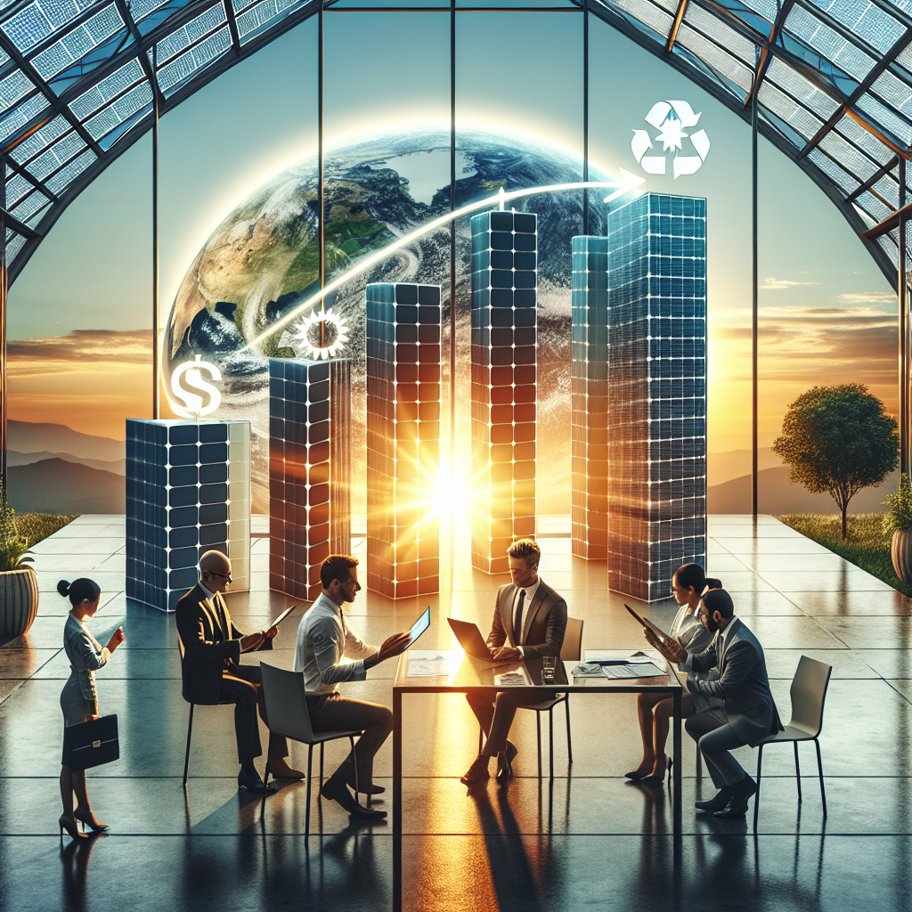A visual depiction of clean energy investments comprising of solar panels arranged like a bar graph showing progressive growth. The sunrise in the backdrop signifies a new dawn of climate change legislation. There's a globe nearby, symbolizing the global impact. Around the table, three figures are deep in discussion: a Caucasian man in a business suit, a Hispanic woman with a clipboard and a South Asian man with a digital tablet. They're passing a piece of legislation - a paper clearly marked with 'Climate Change Policies'. The setting is a modern, transparent, green building, exemplifying sustainable architecture.