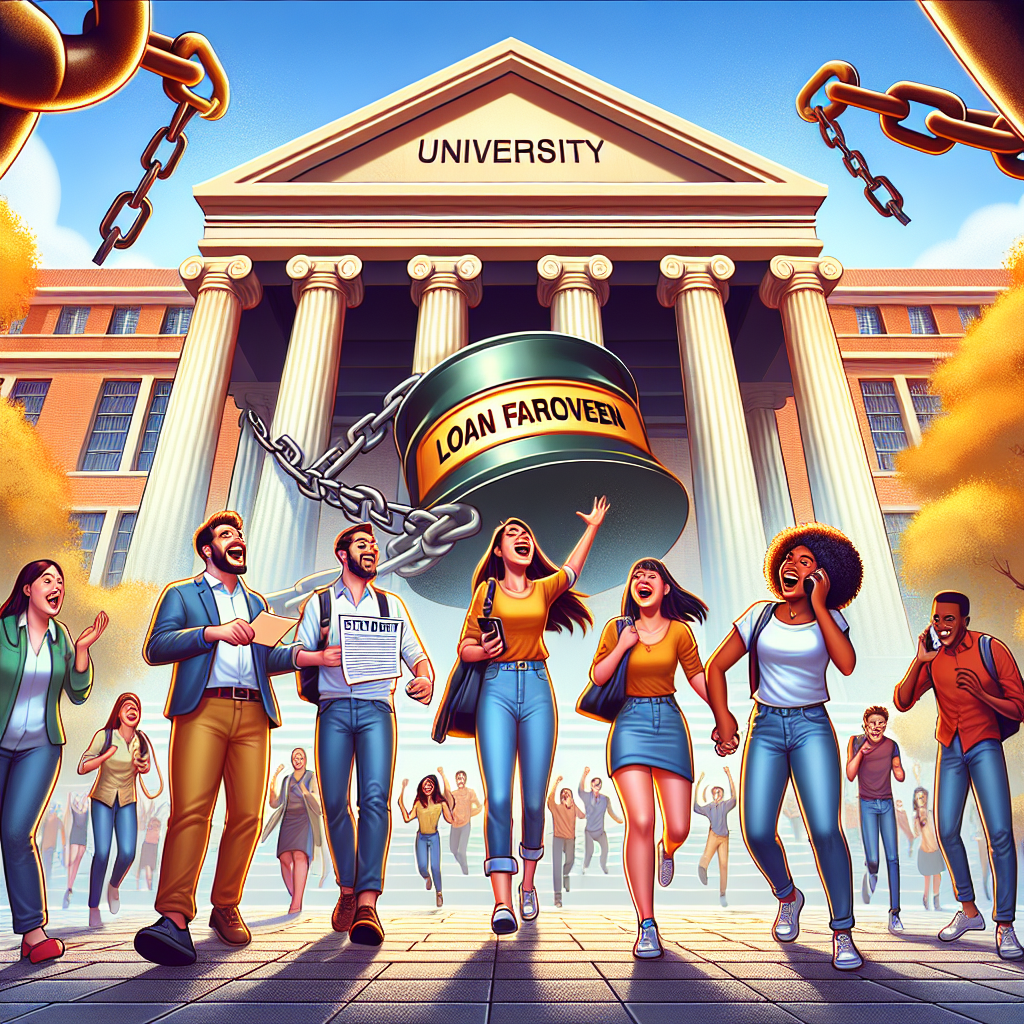 Create an image that evokes the concept of student loan forgiveness programs. It should be a vivid scene in a university setting. Show a diverse group of students walking out of a grand university building, their faces full of relief and joy. Among them, we see a South Asian female student holding a letter indicating 'Loan Forgiven', a Middle-Eastern male student with tears of happiness, a Caucasian male chatting excitedly on his phone about the good news, and a Black female student hugging her friend in celebration. In the background, an enormous weight marked 'Student Debt' is being lifted off a pair of heavy chains.
