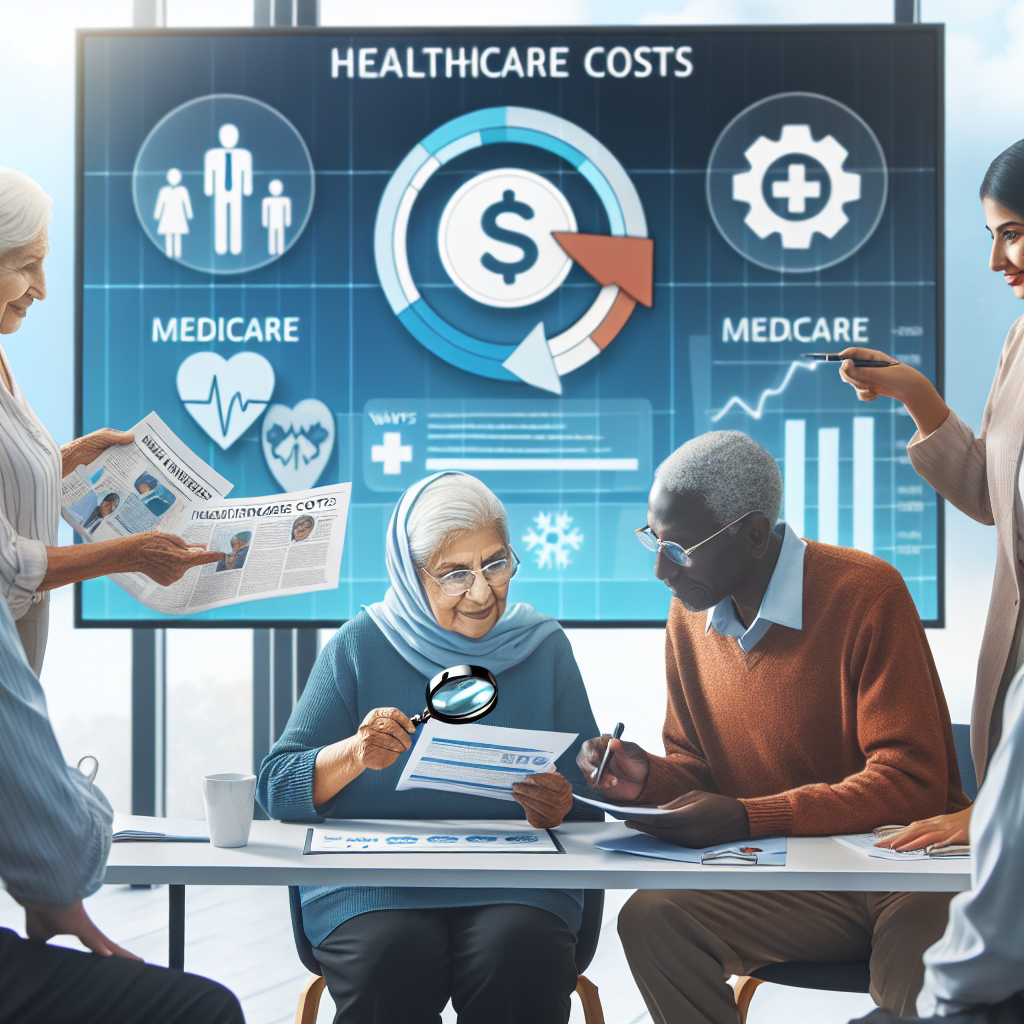 An informative image depicting a diverse set of people trying to lower their healthcare costs. It features a Middle-Eastern elderly woman holding a magnifying glass over a document labeled 'Medicare', a South Asian man in his 50s consulting a healthcare advice booklet and a Black senior man having a discussion with a White healthcare advisor at a desk. The scene is set in a bright, modern office with charts and graphics on a screen that display ways to reduce healthcare costs under the new Medicare changes.