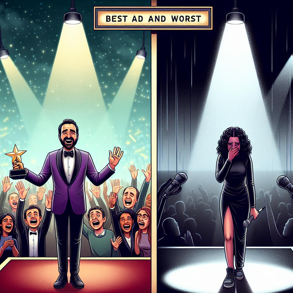 An illustrated split-screen image showcasing two contrasting scenes representing milestones in the lives of unnamed entertainers. On one side, a jubilant actor on stage receiving a prestigious award with an excited crowd cheering in the background, this actor can be a Middle-Eastern male. On the other side, an equally recognisable, but dejected musician, who is a Black female, under a spotlight walking off an empty stage, with her head down, symbolizing a career low. The backdrop is filled with dark colors and the spotlight is the only source of light. An overlay text that says 'Celebrity Milestones: Best and Worst'.